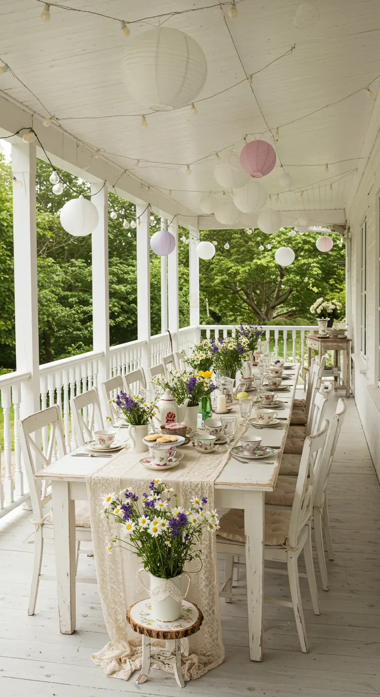 A long tea party table on a white-painted porch decorated with hanging paper lanterns.