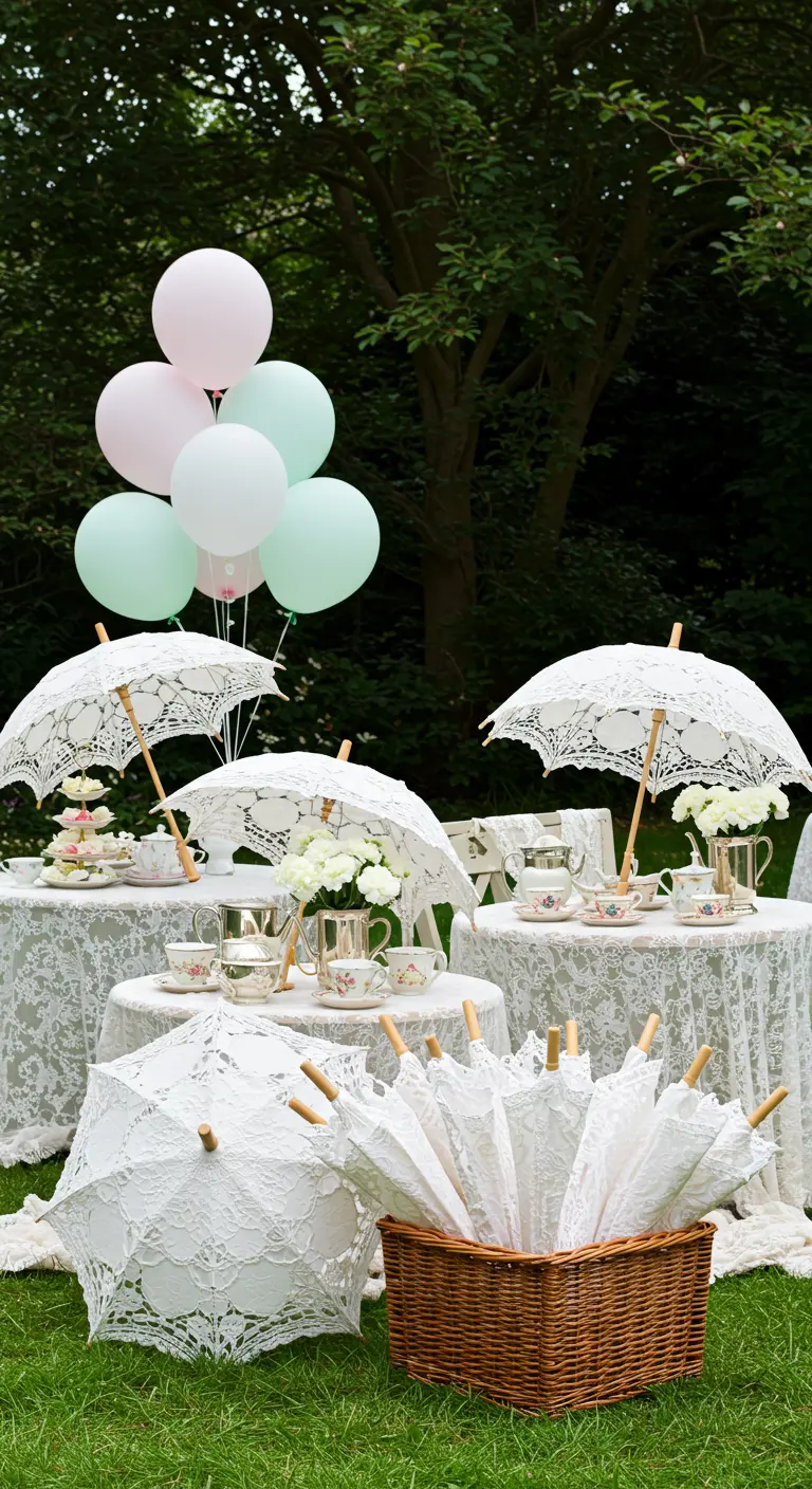 Garden party tables decorated with open white lace parasols.