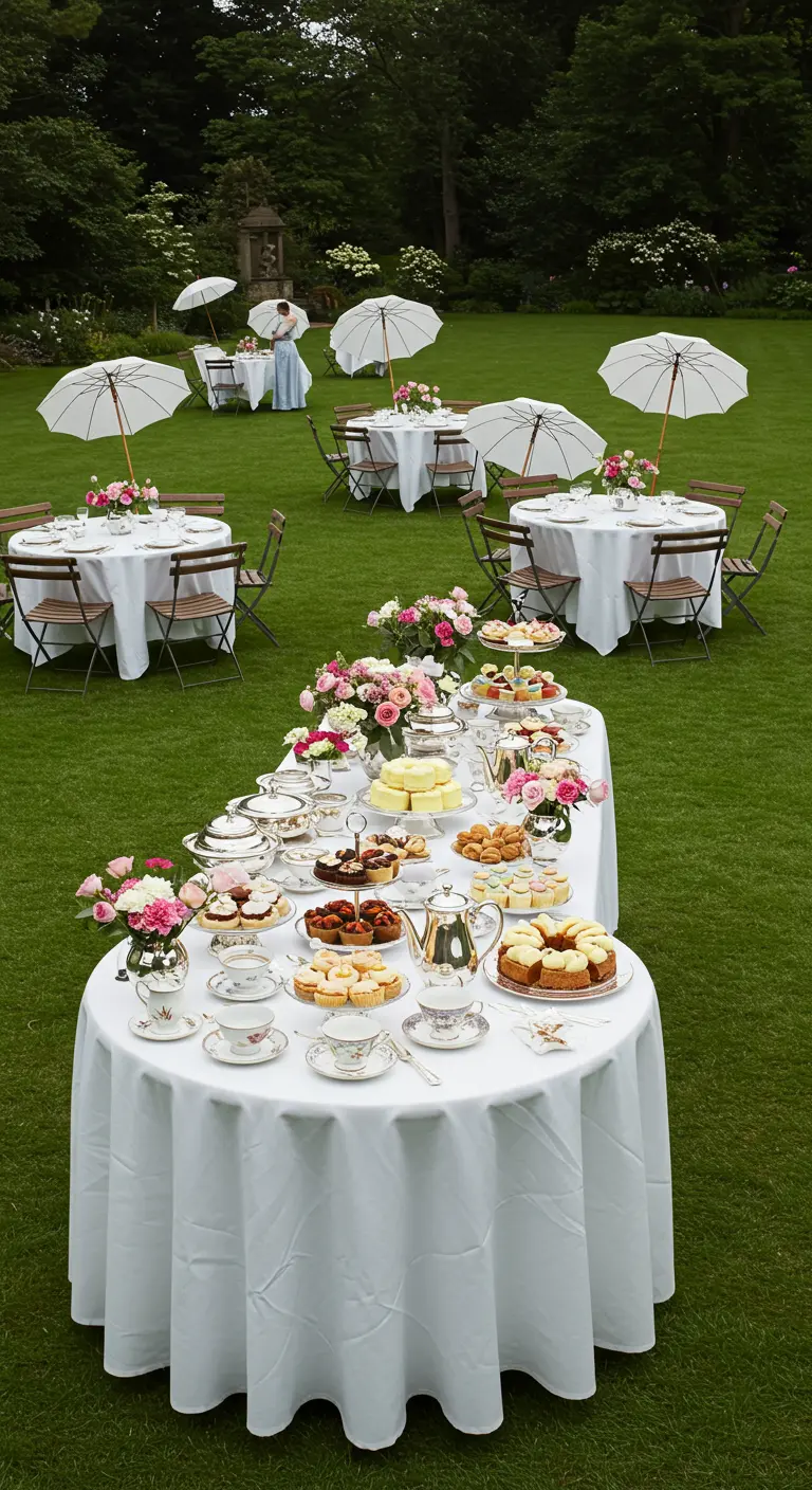 An outdoor tea party on a sprawling lawn with multiple tables, each shaded by a white parasol.