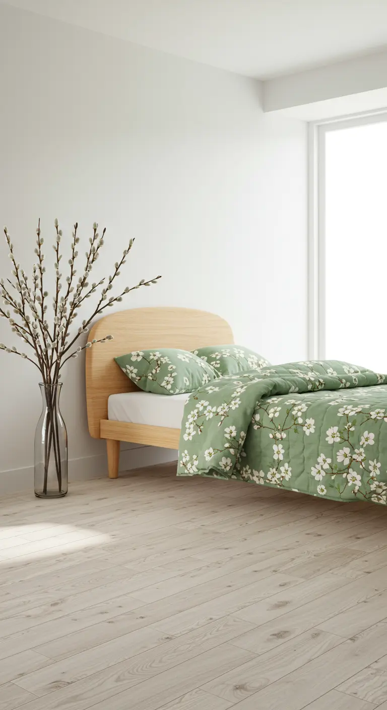Minimalist bedroom with a sage green floral duvet and pussy willow branches.
