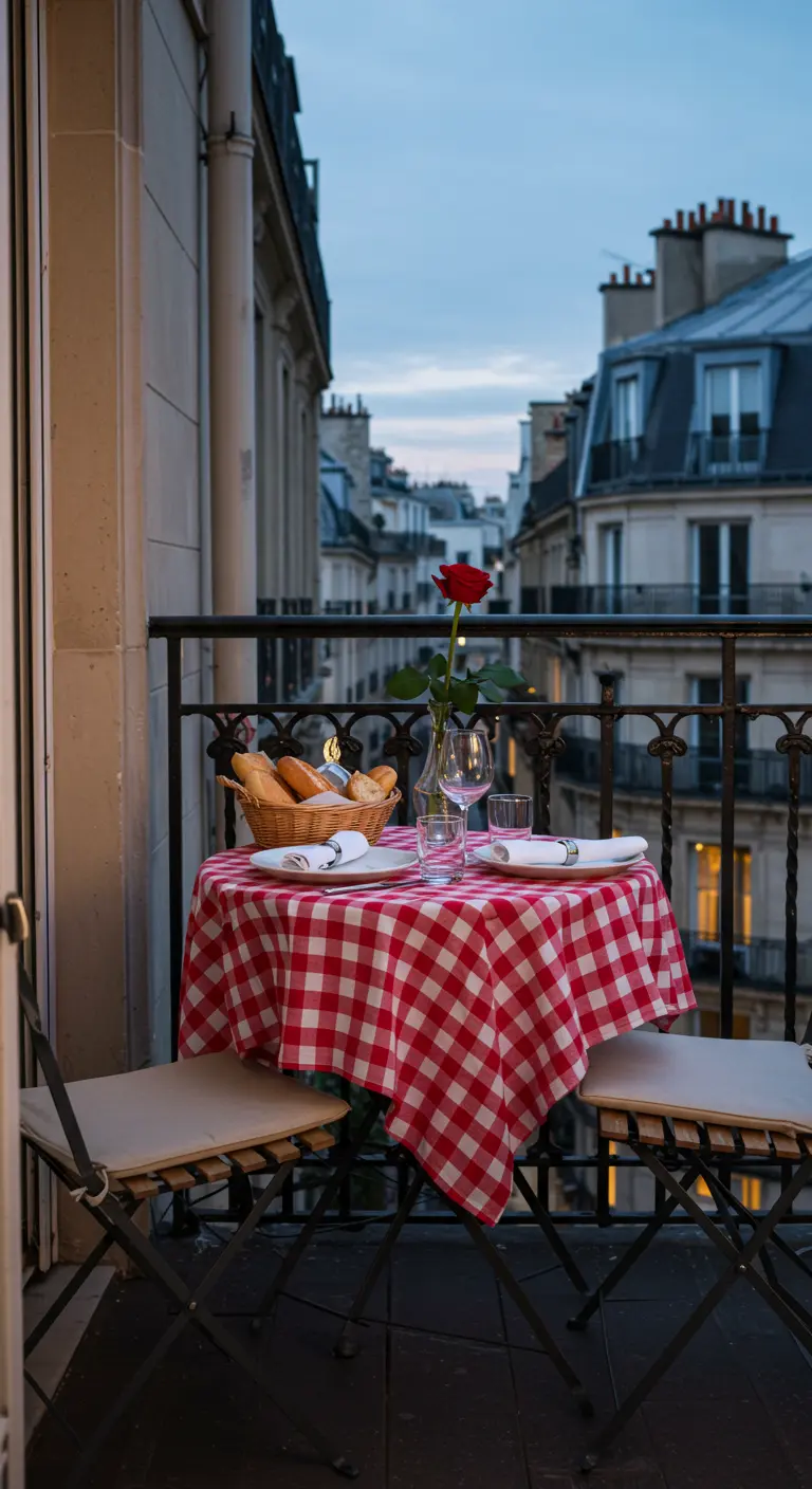 A small bistro table on a Parisian balcony with a red gingham tablecloth.