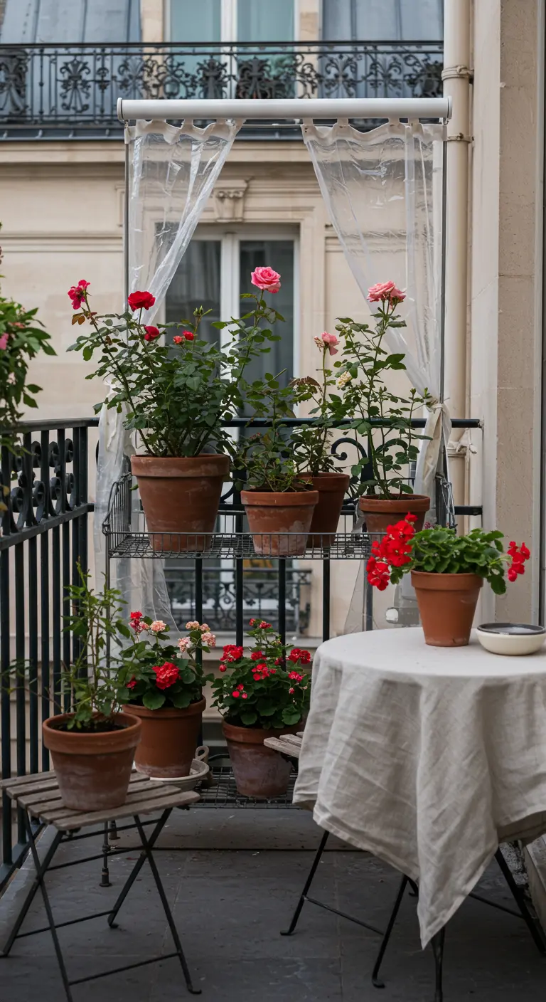 A Parisian balcony with a plant stand of roses and geraniums draped in clear plastic.