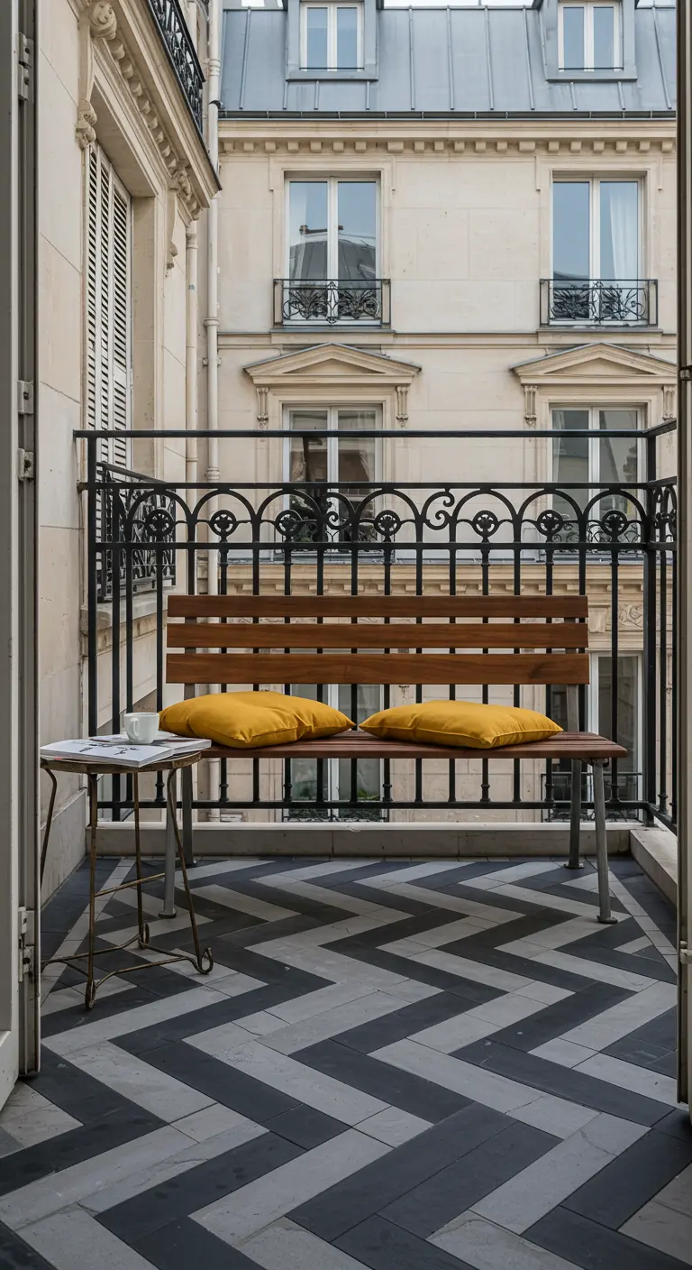 A narrow Parisian balcony with black and white chevron floor tiles and a modern wooden bench.