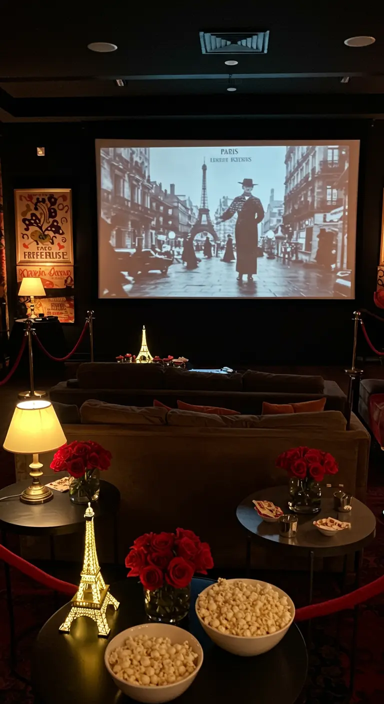 A home theater setup showing a black-and-white movie set in Paris, with red roses and popcorn