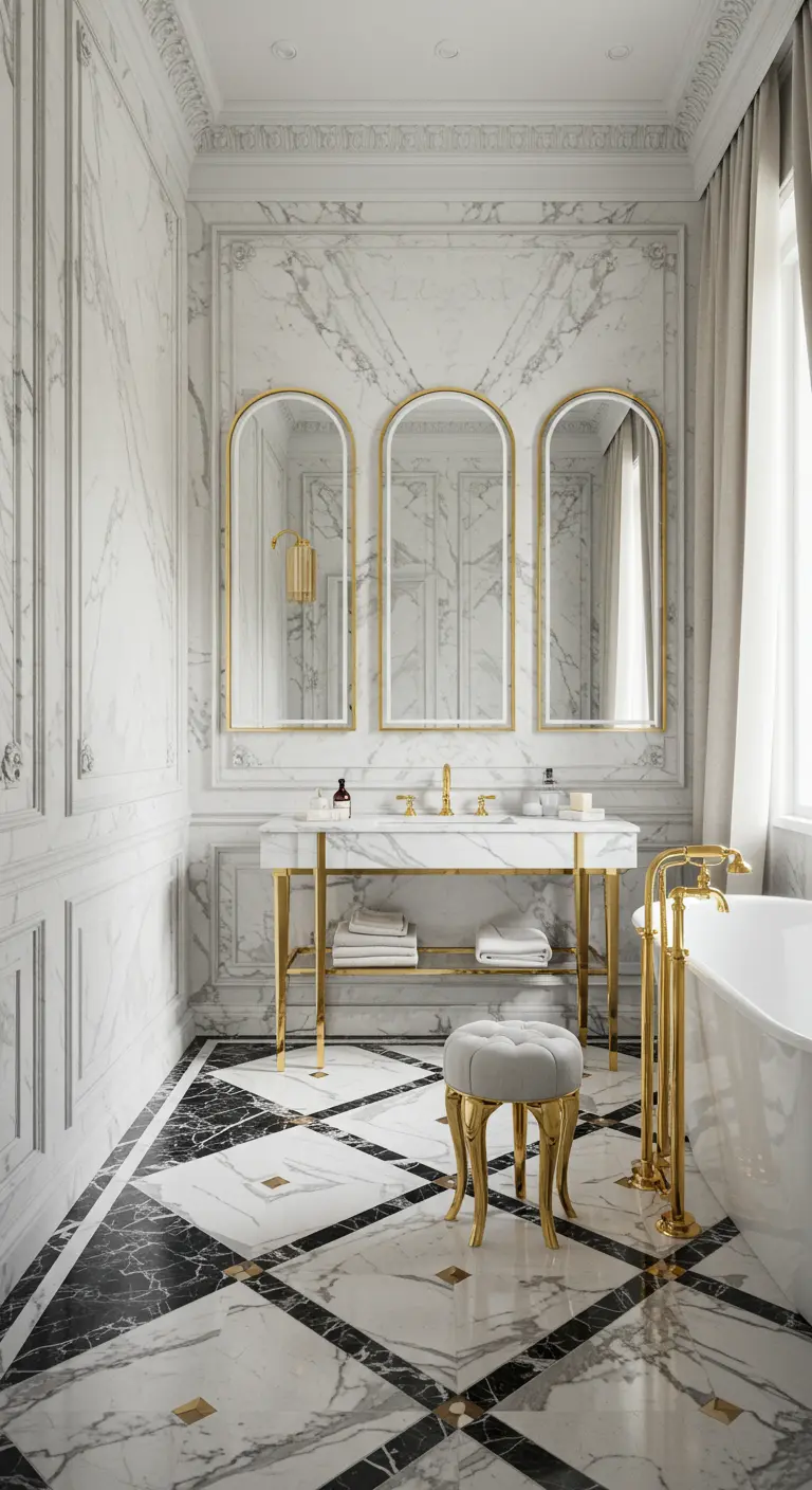 Parisian-style bathroom with three arched mirrors and a black and white checkerboard floor.