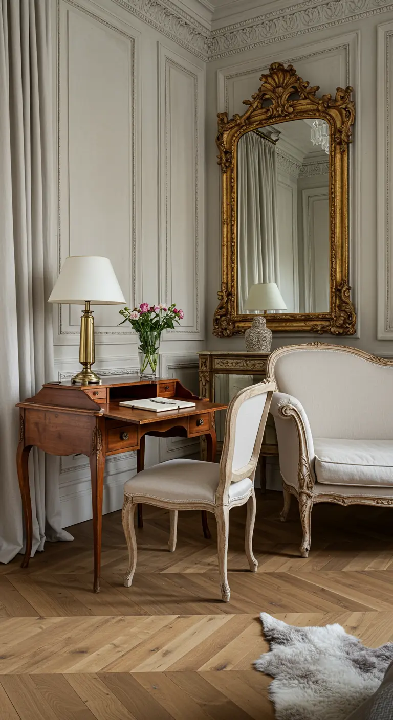 An elegant Parisian-style room with a vintage wooden desk, ornate gold mirror, and classic sofa.