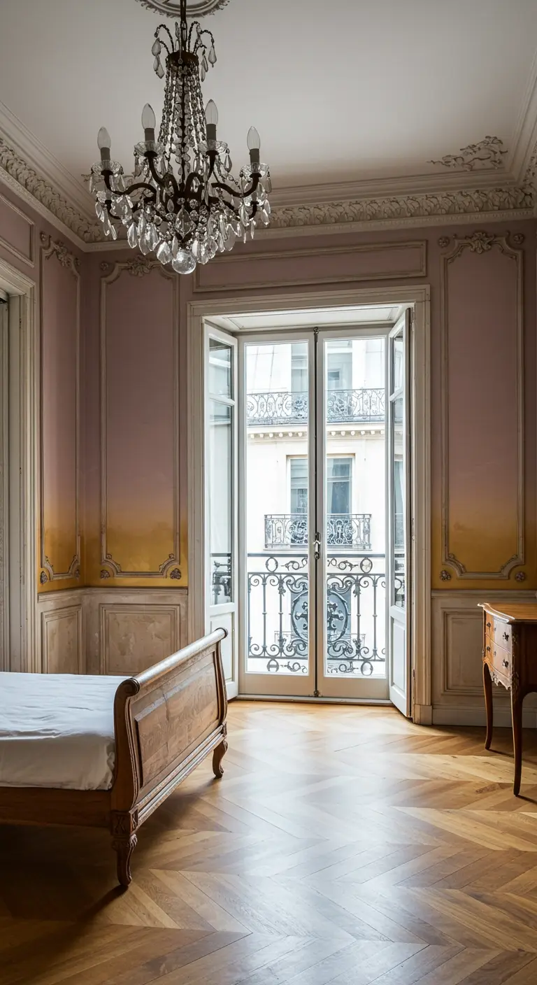 A classic Parisian bedroom with a subtle gold-to-lavender gradient on paneled walls.