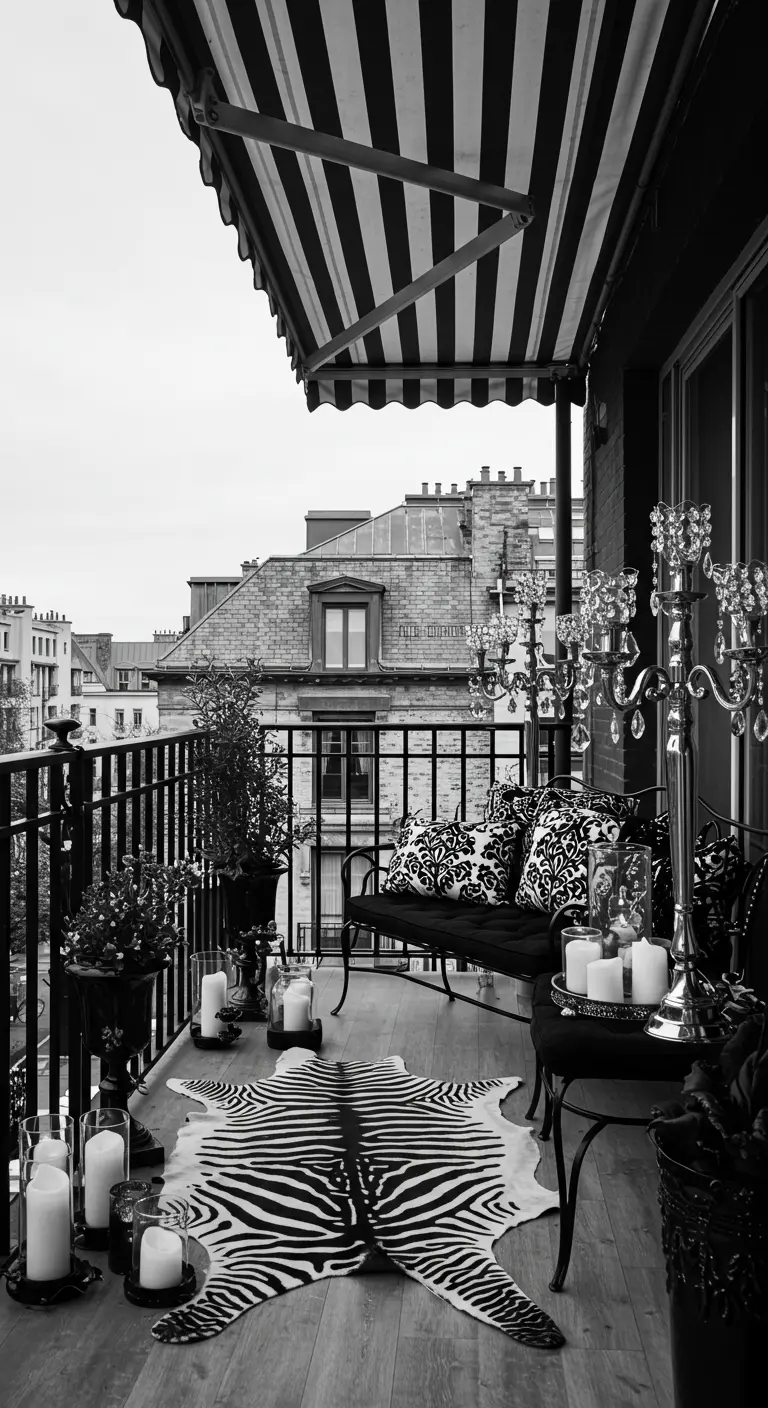 An ornate black-and-white balcony with a zebra-print rug, candelabras, and a wrought-iron bench.