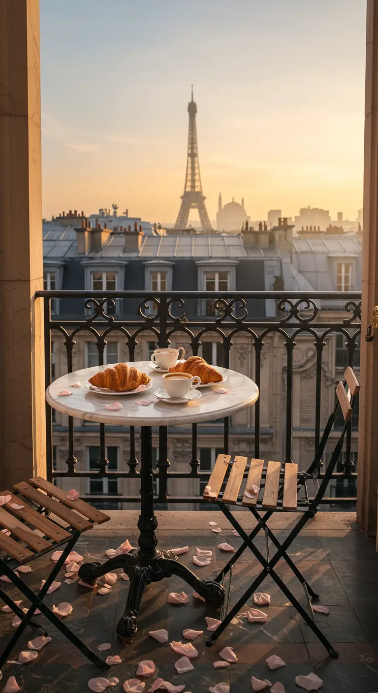 A Parisian balcony with a marble bistro table, croissants, and the Eiffel Tower at sunrise.