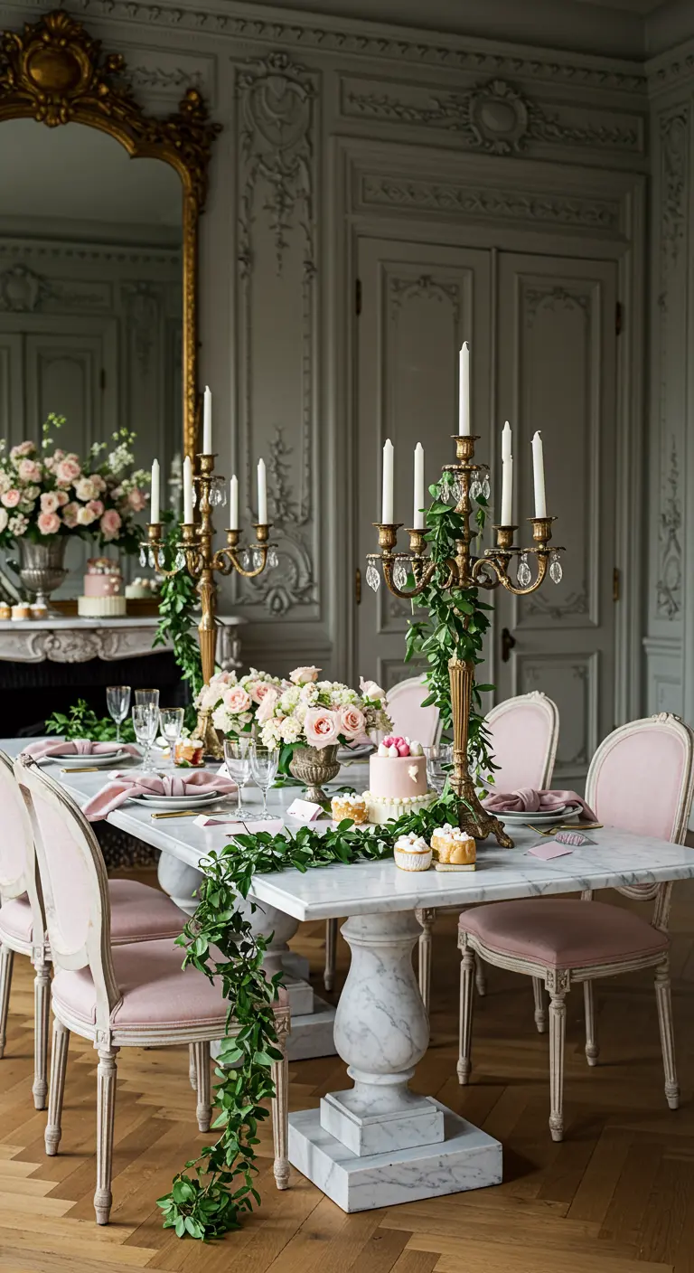 An elegant marble table in a Parisian-style room with a cascading green garland runner.