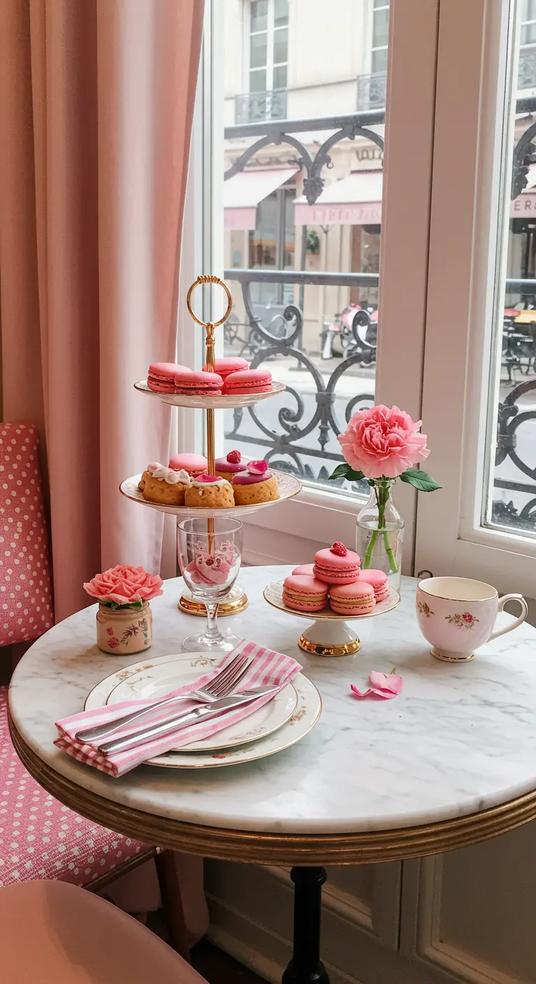 Parisian-style table for two with a tiered stand of macarons and pastries.