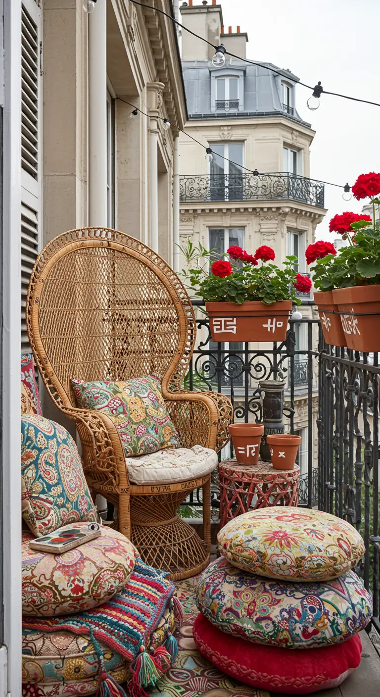 Parisian balcony with a wicker peacock chair, colorful cushions, and red geraniums.