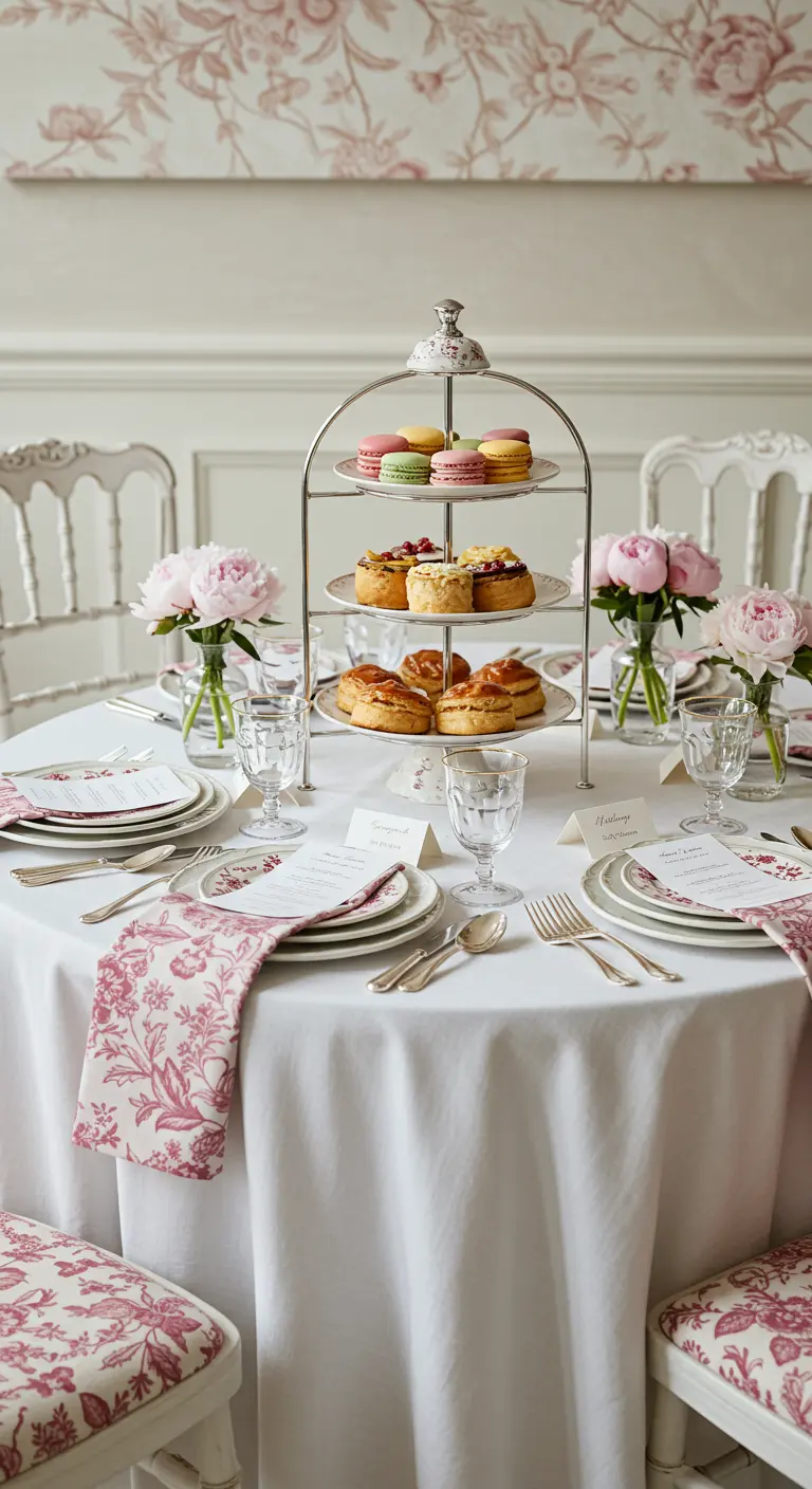 Elegant white table with pink toile napkins, peonies, and a tiered pastry stand.