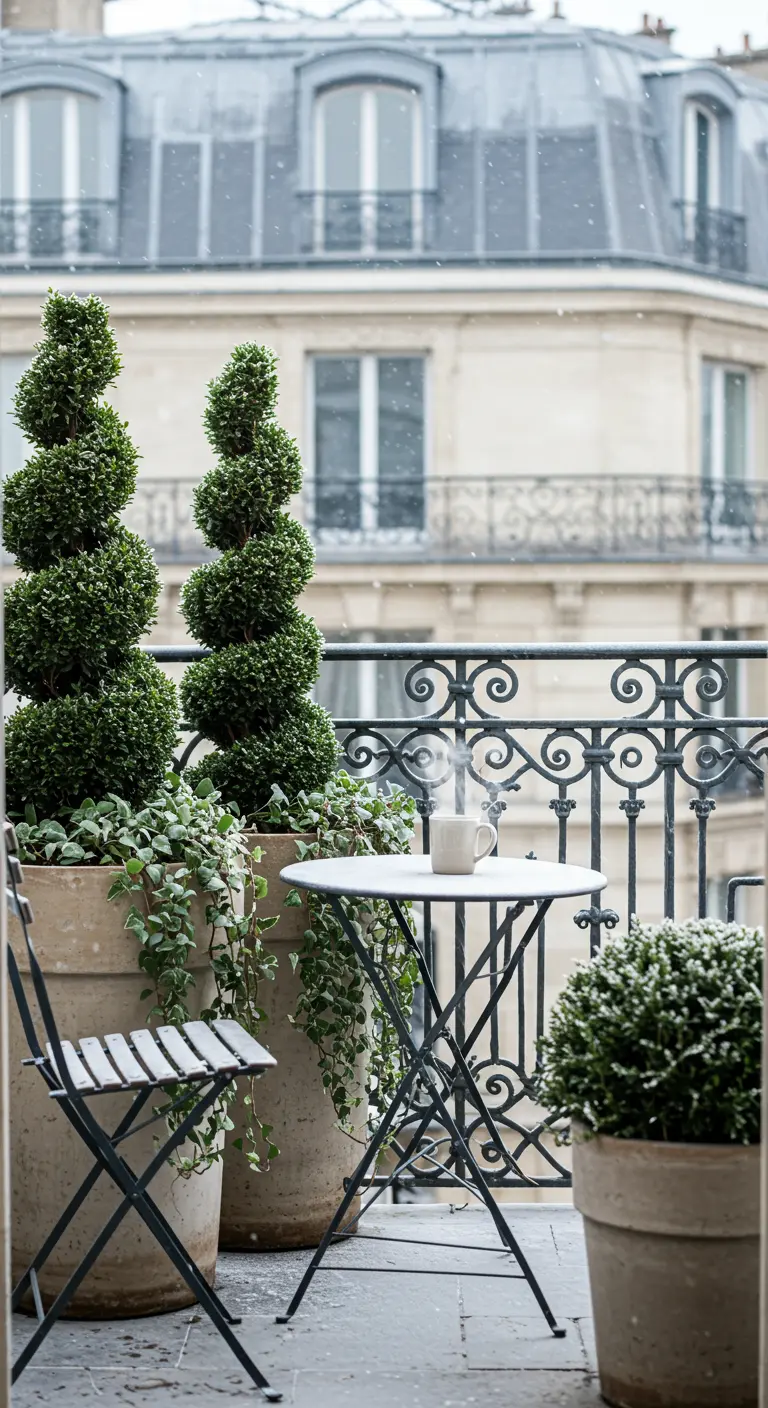 Boxwood spiral topiaries on a snowy Parisian balcony with a bistro set.