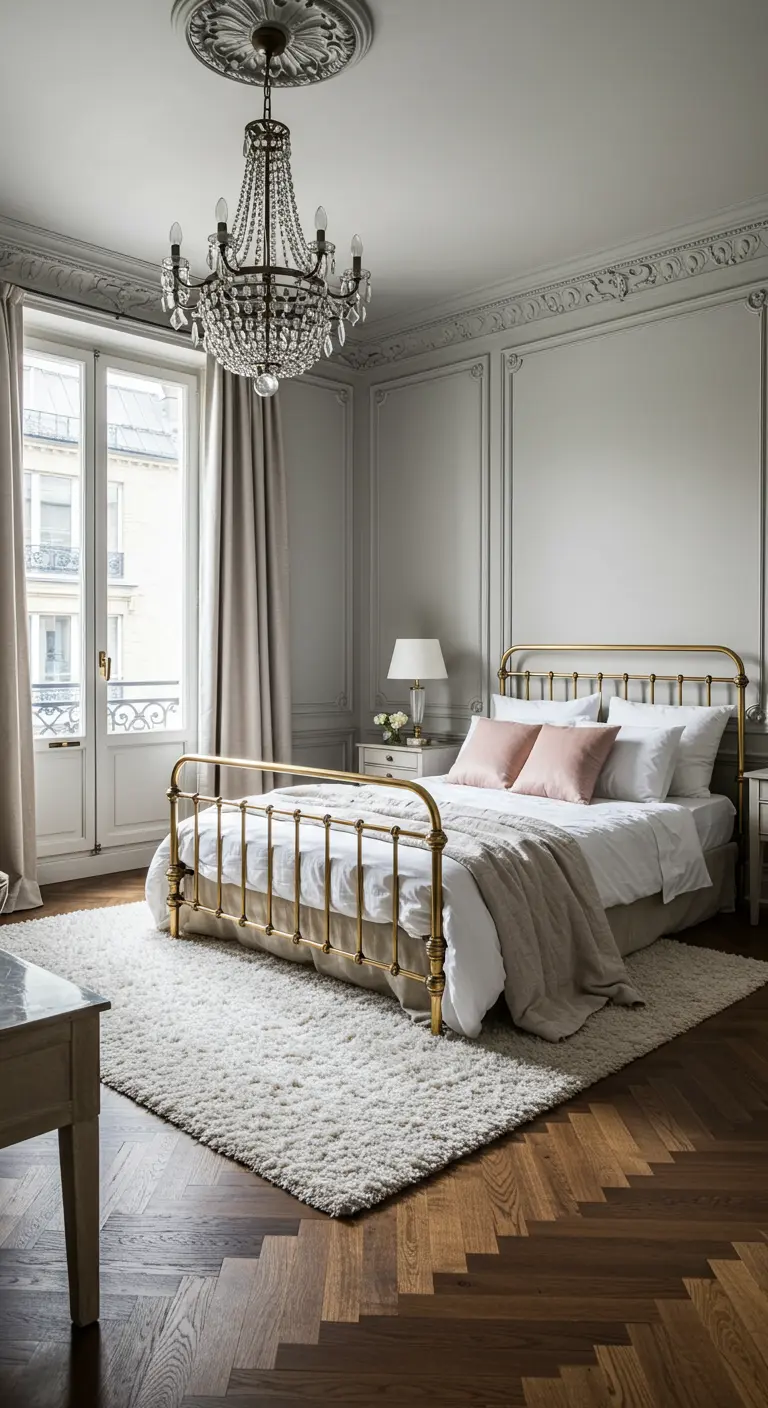 Parisian bedroom with a crystal chandelier, brass bed, and herringbone floors.