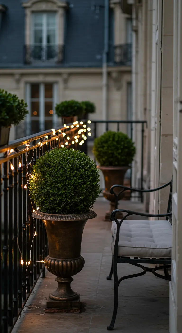 A classic Parisian-style balcony with a boxwood topiary in an urn and fairy lights on the railing.