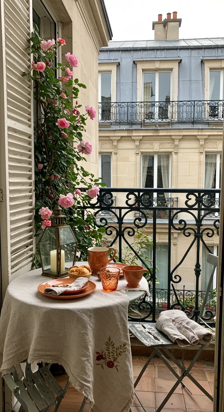 Small Parisian balcony table with climbing pink roses and a linen tablecloth.