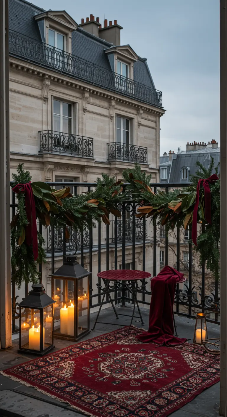 A Parisian balcony with a red Persian rug, black lanterns, and a garland with velvet ribbons.