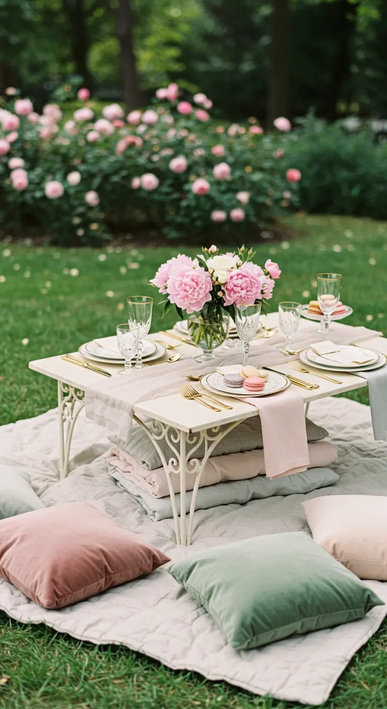 Romantic picnic in a rose garden with a white metal table and pastel velvet cushions.