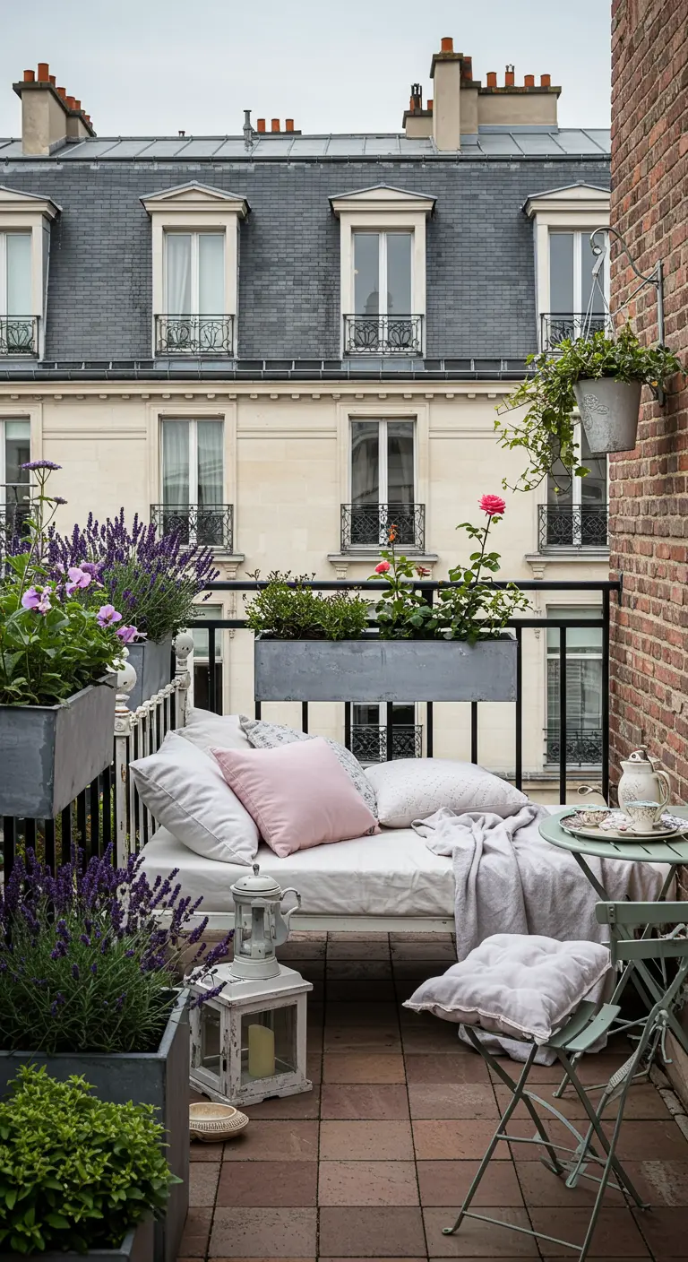Charming Parisian-style balcony with a daybed, zinc planters filled with lavender and roses.