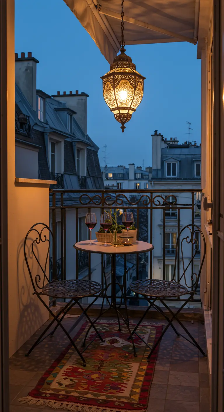 A small Parisian balcony at dusk with a bistro set, a small kilim, and one hanging lantern.
