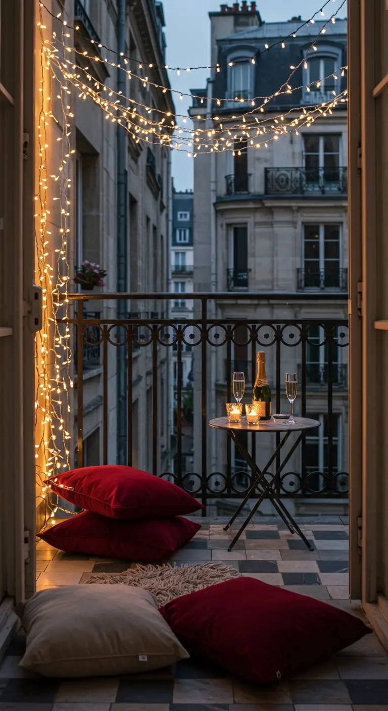 Balcony in Paris with draped fairy lights, a bistro table, and red velvet cushions.