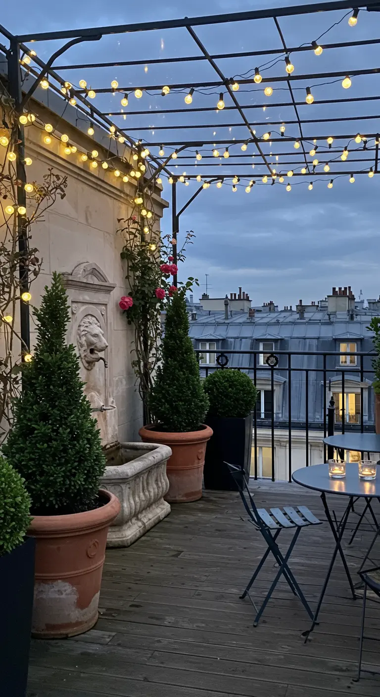 A Parisian rooftop terrace with a lion head fountain, potted evergreens, and a canopy of string lights.