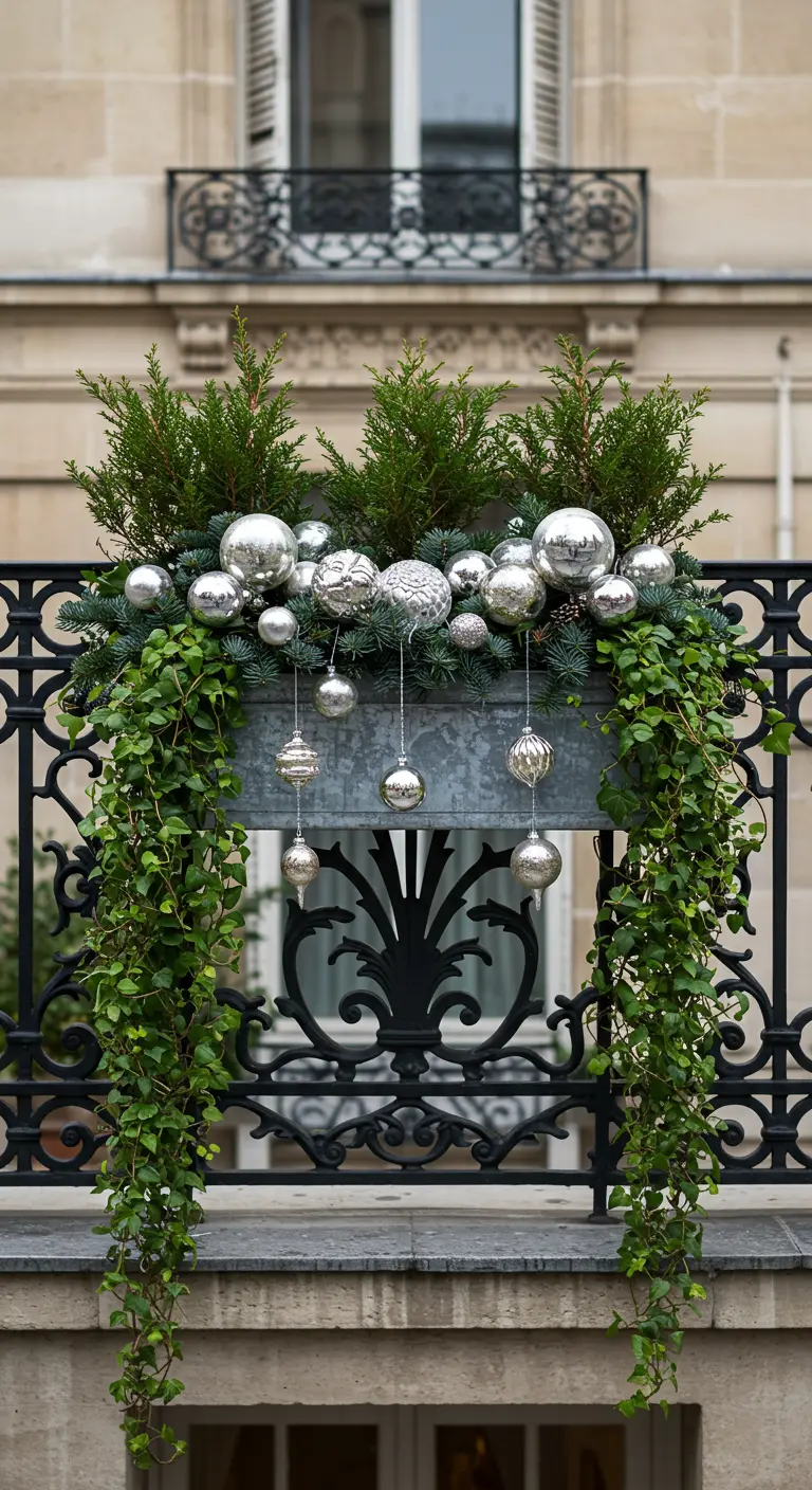 Elegant window box with silver baubles and trailing ivy on a Parisian balcony railing.