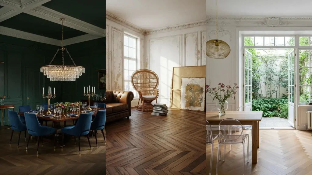 Stunning Parisian interiors with intricate ornate moulding, herringbone wood floors, and touches of gold leaf accents.
