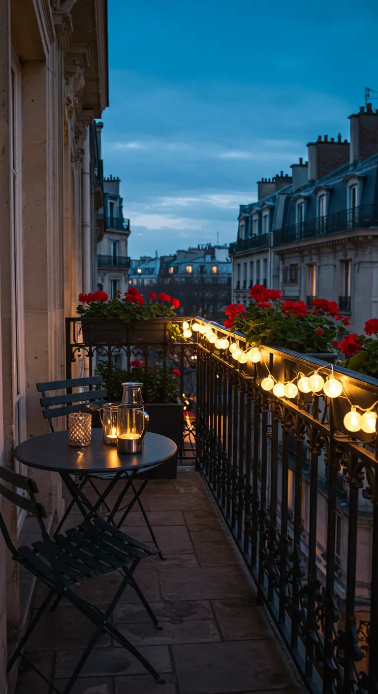 A Parisian balcony at dusk with a bistro set, red flowers, and glowing string lights.