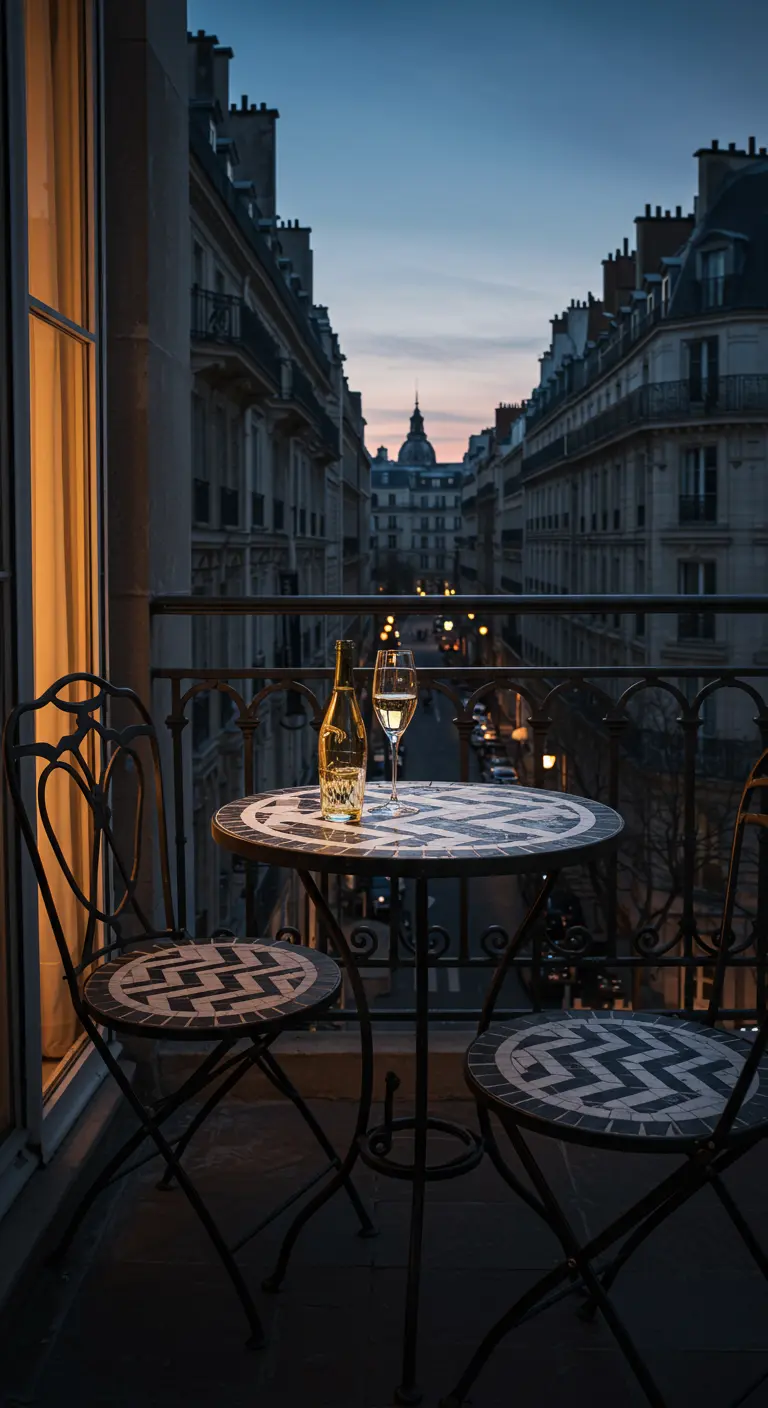 Black wrought-iron bistro set on a Parisian balcony at dusk with a bottle of champagne.