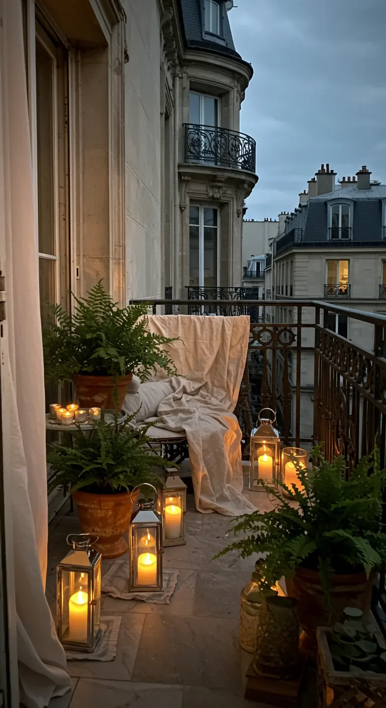 Parisian balcony with ferns, draped chair, and many candle lanterns at dusk.