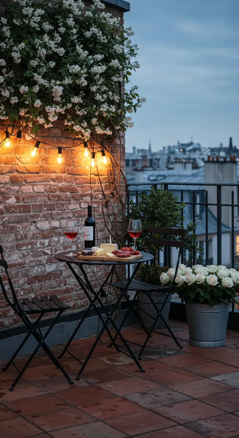 A romantic rooftop dining nook with a brick wall, Edison lights, and a bistro set.