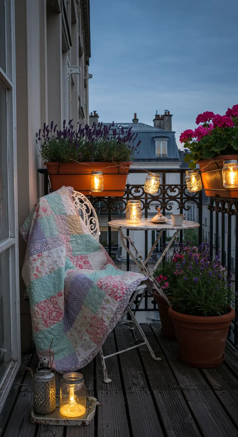 Parisian balcony with a quilt on a chair, lavender, and mason jar lights at dusk.