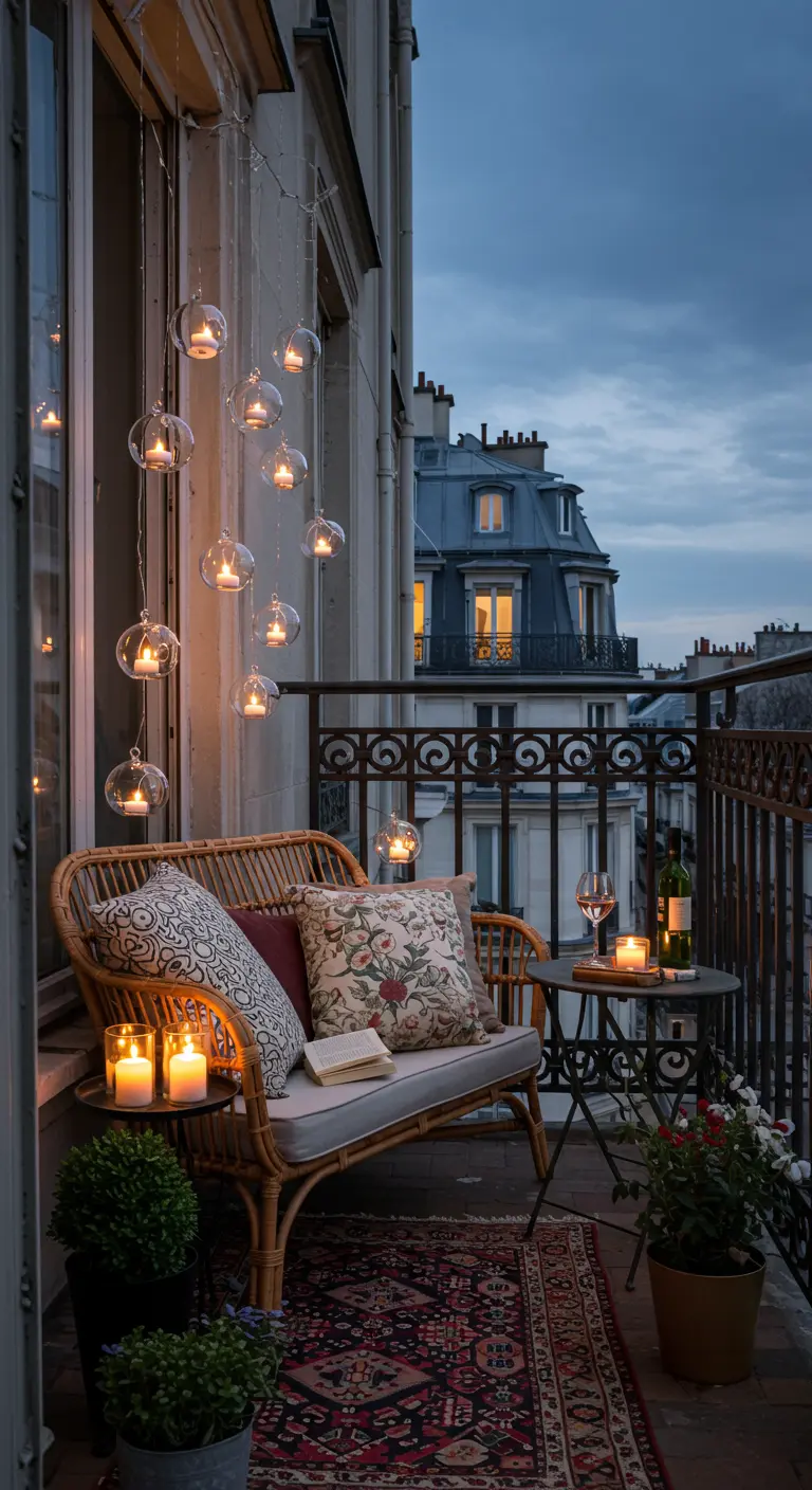 A small Parisian balcony at dusk with a rattan bench and hanging glass tea light holders.