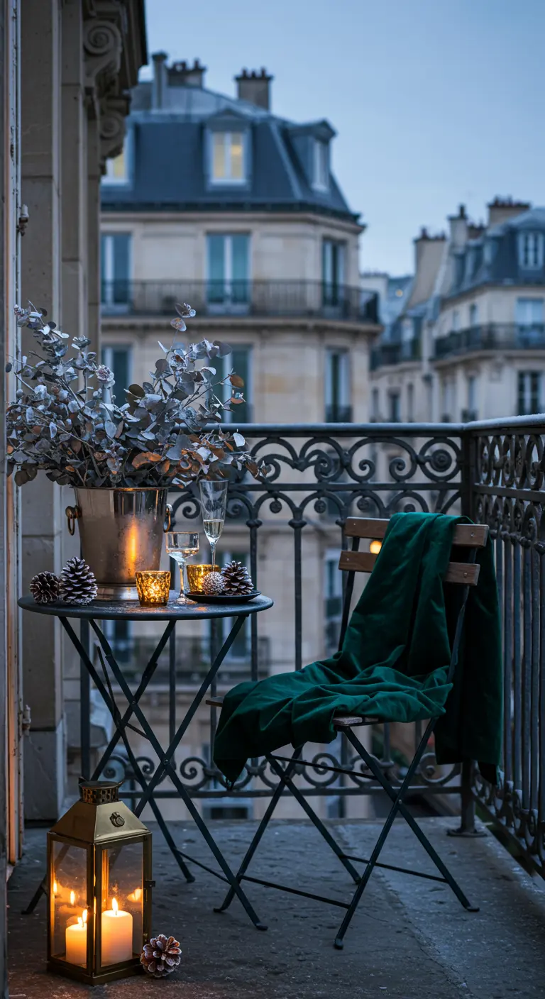 Parisian balcony with a bistro set, champagne bucket with eucalyptus, and a velvet throw.