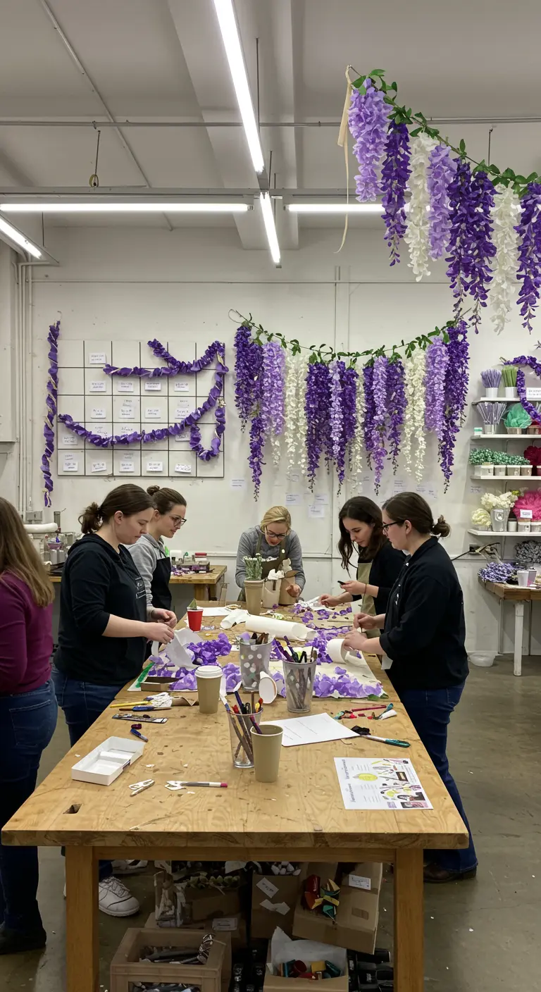 A group of women at a workshop table, crafting purple and white crepe paper wisteria garlands.