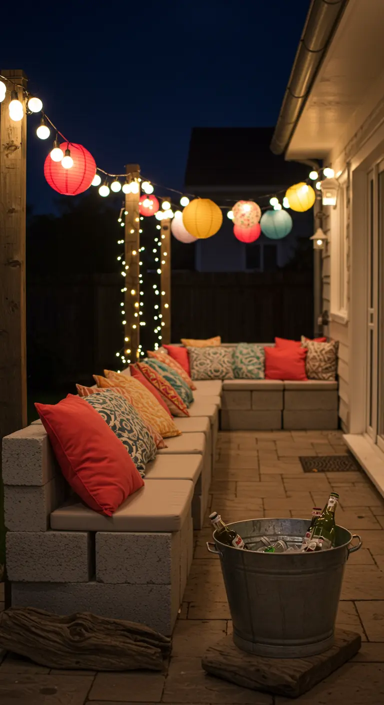 A large L-shaped cinder block bench with cushions, colorful pillows, and party lanterns at night.