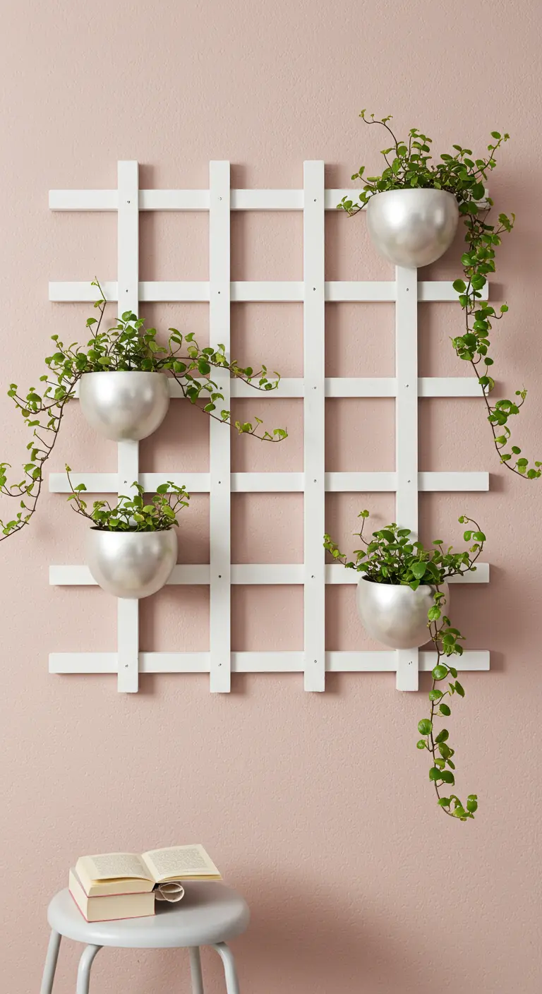 White trellis with silver pots and trailing plants against a soft pink wall.