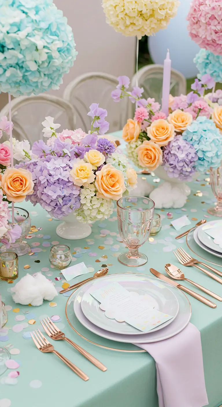 Pastel tablescape with rainbow hydrangeas, cotton clouds, and rose gold cutlery.