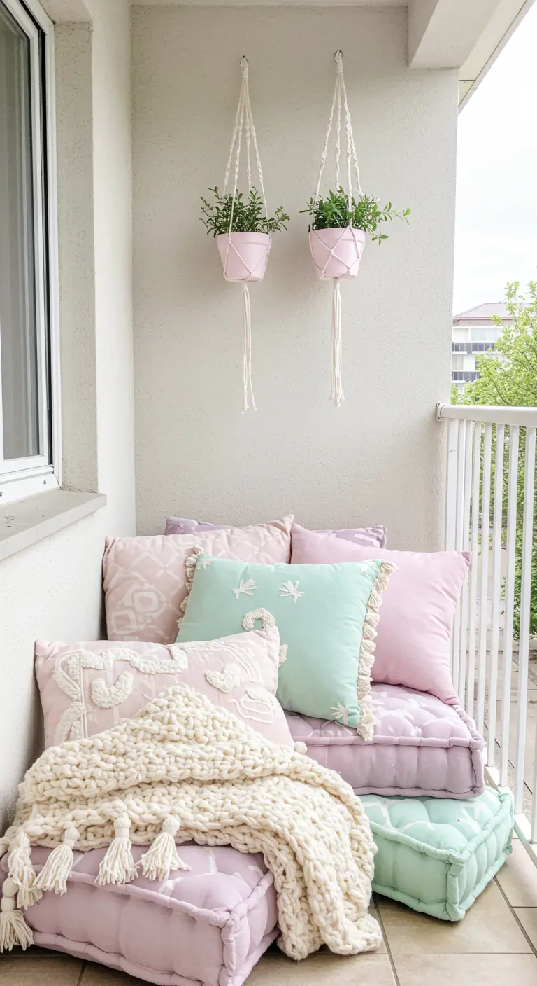 A cozy corner with stacked pastel floor cushions in mint and lilac, with a chunky knit throw.
