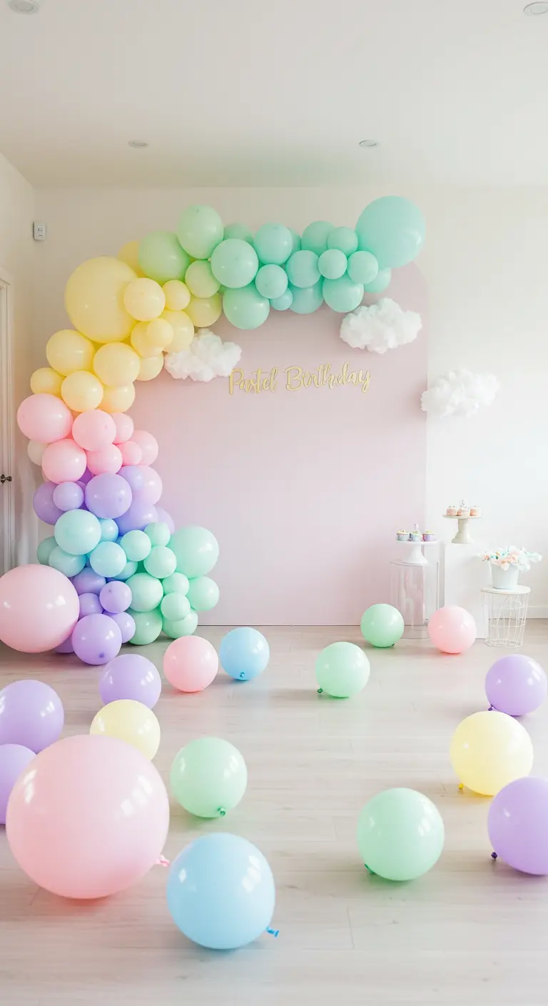A pastel rainbow balloon arch with fluffy white clouds against a pink backdrop.