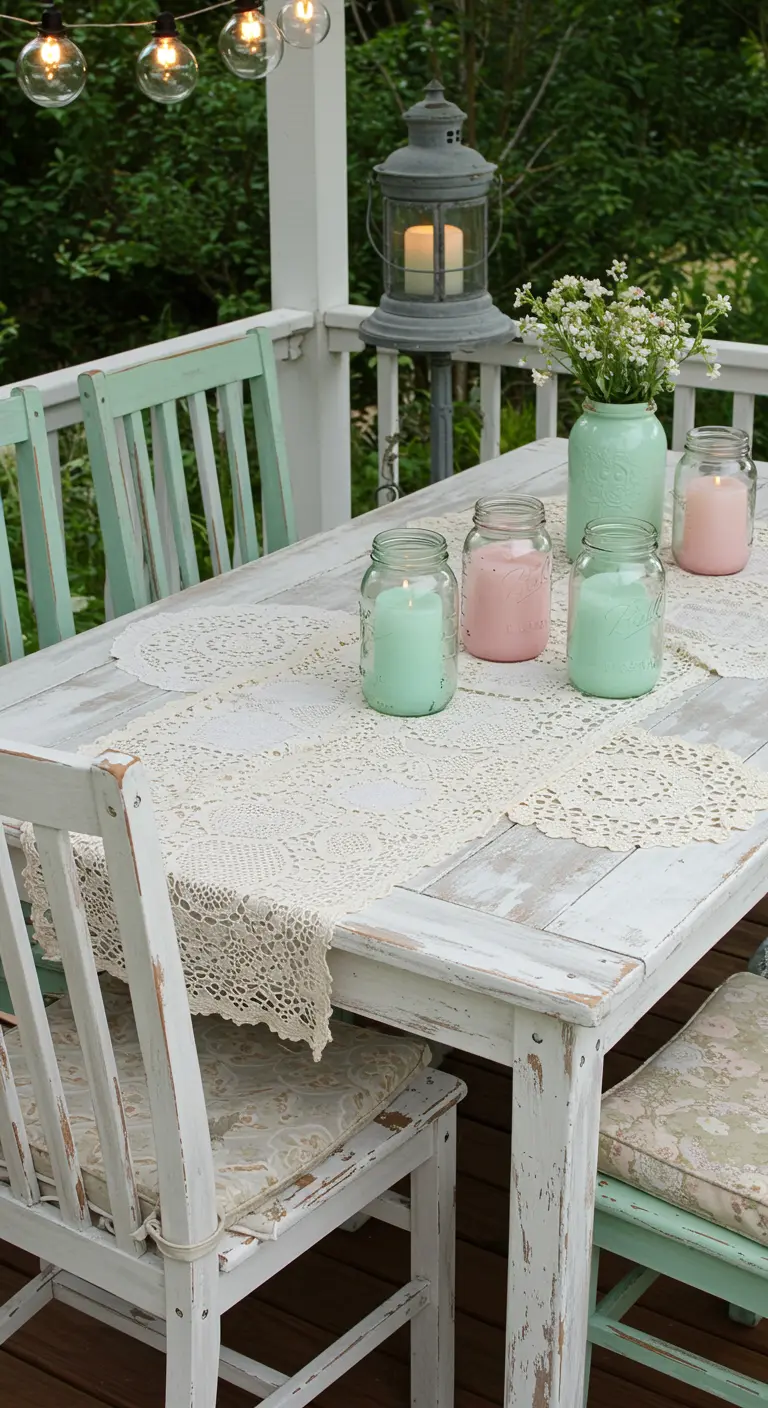 A distressed white table with pastel-painted mason jar candles and crochet doilies.