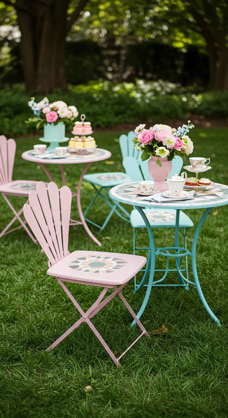 Pastel pink and blue bistro sets scattered on a green lawn for a garden party.