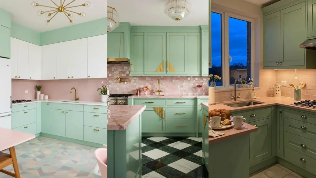 Pastel-hued kitchens showcasing mint green cabinets, rose quartz countertops, and elegant design details.