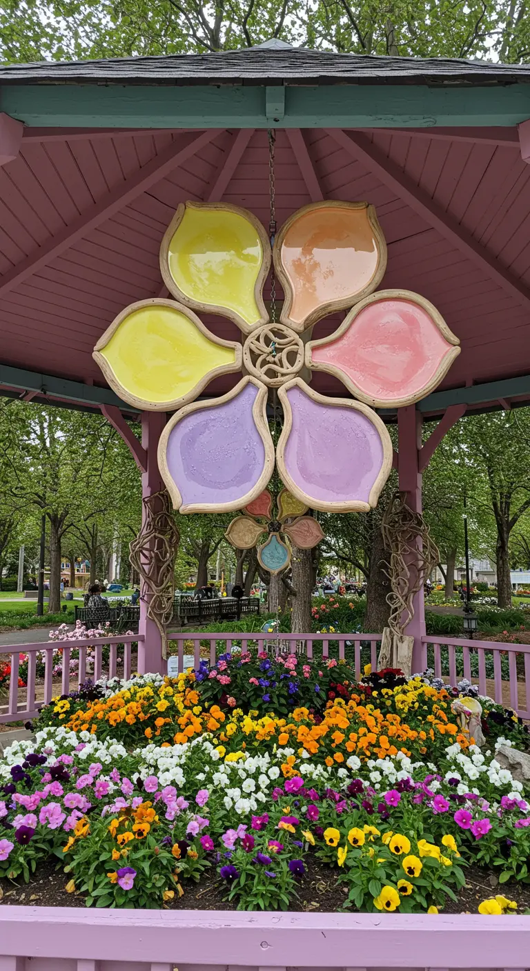 A large, flower-shaped spinner with pastel-colored resin petals hanging in a pink gazebo.
