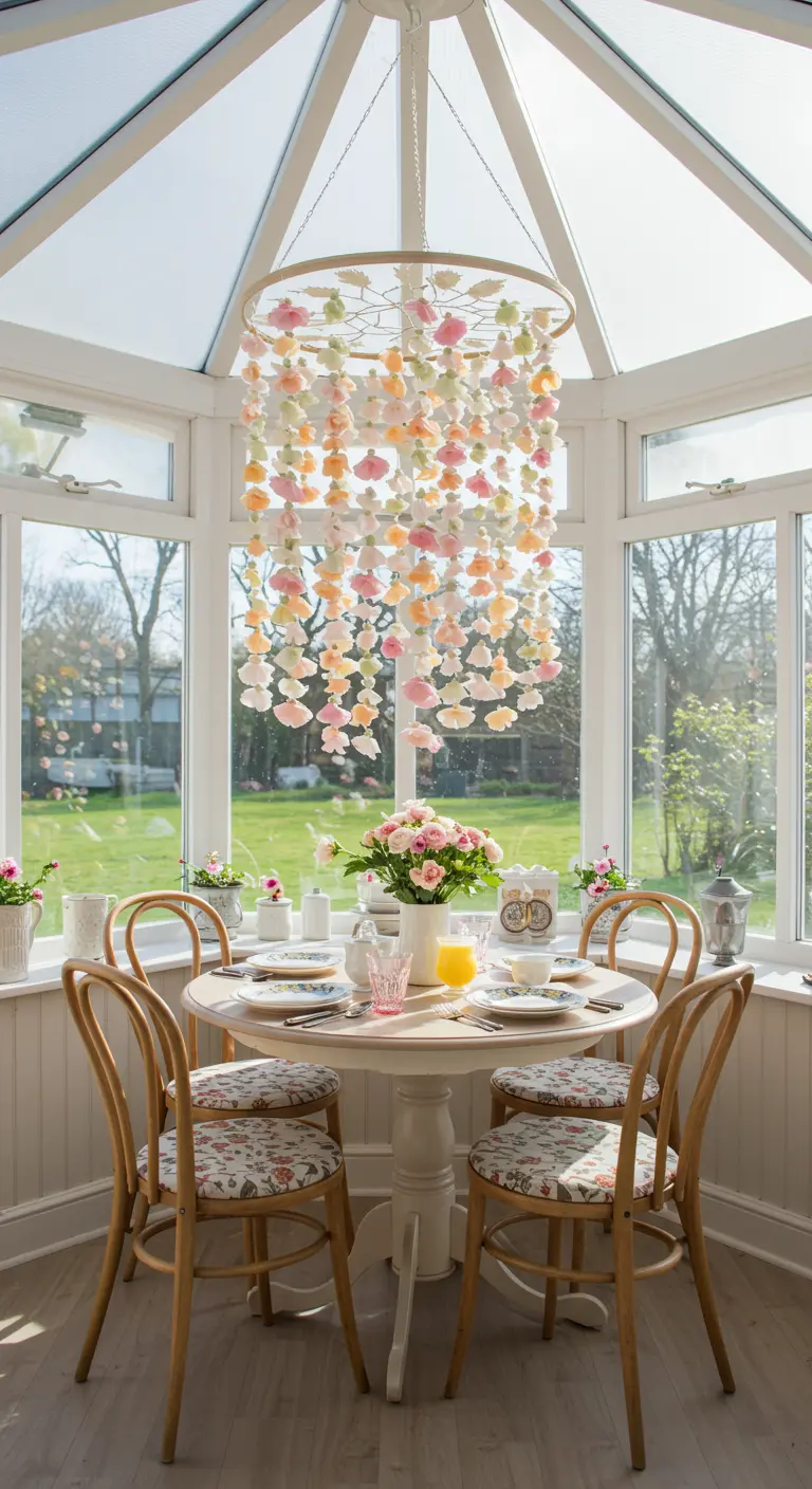 A DIY chandelier made of cascading crepe paper petals hanging over a brunch table in a sunroom.