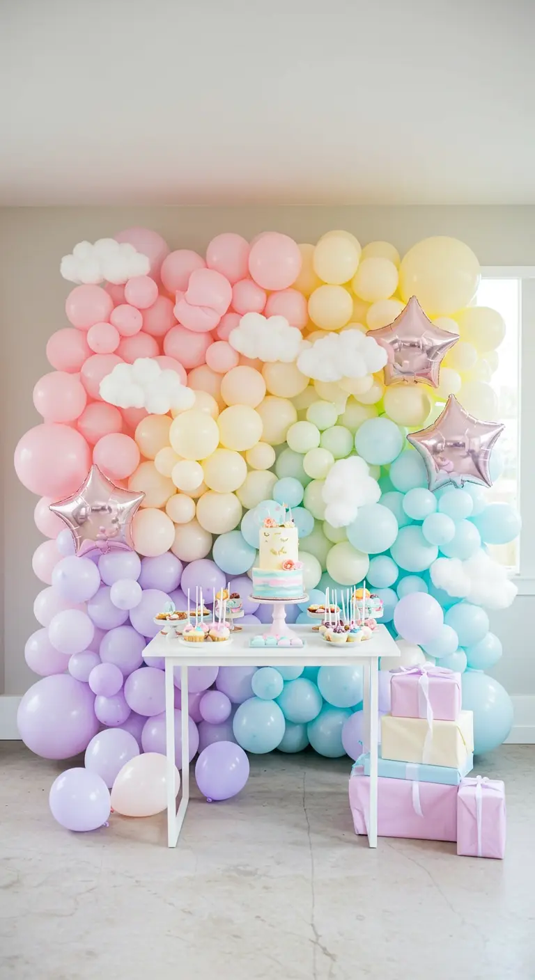 Pastel rainbow balloon wall with white cloud clusters and a dessert table.
