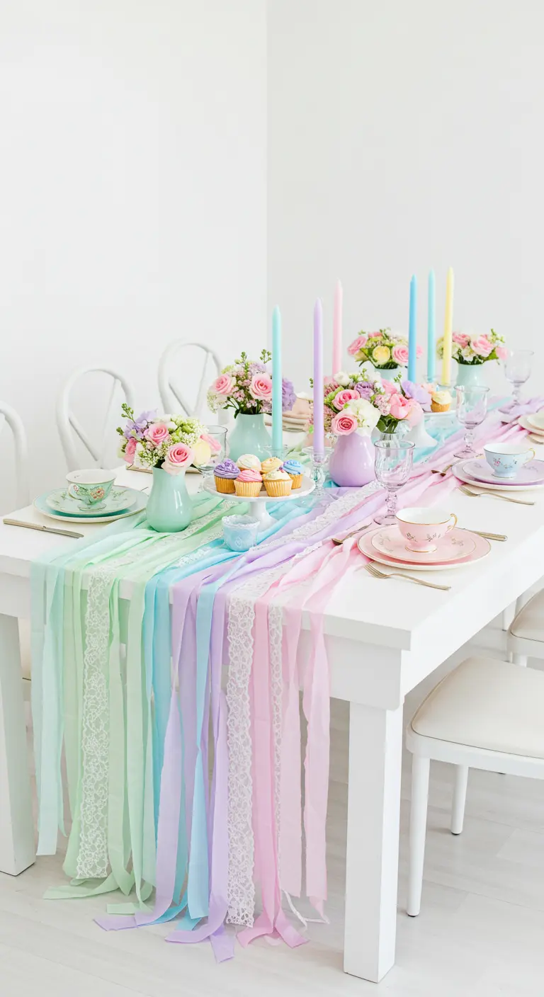 A white table decorated with a runner made of pastel-colored ribbons and lace.