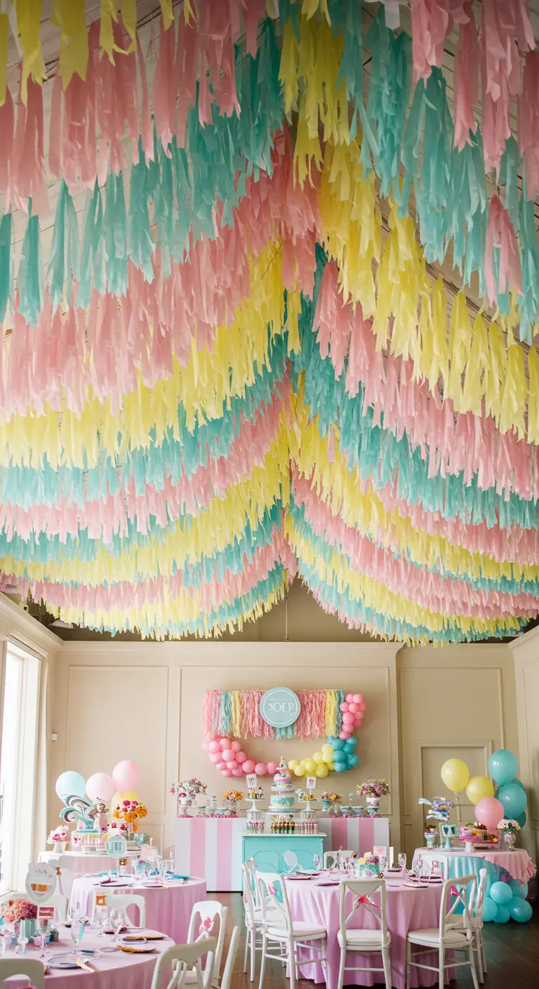 A ceiling completely covered in hanging pastel crepe paper streamers.